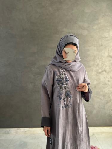 Light gray linen abaya with embroidery in front