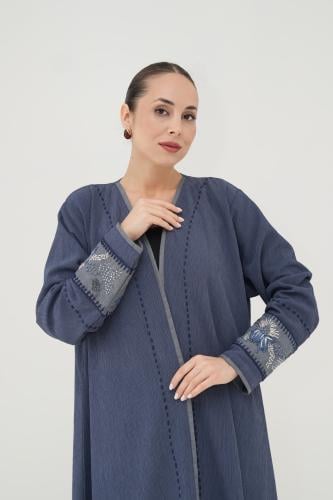 Linen abaya with crinkled dark sky blue, with embroidery on the sleeves