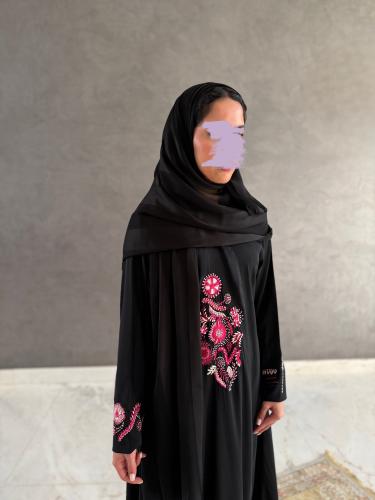Silk abaya striped black with embroidery from the front and sleeves, and chiffon headscarf striped