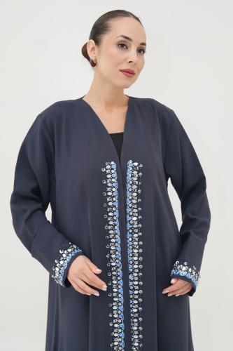 Navy crepe abaya with embroidery on the front and sleeves