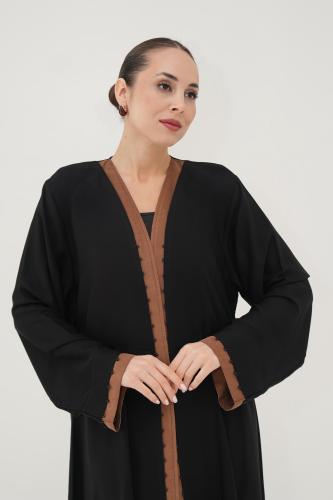 Black crepe abaya with camel embellishments, washed silk
