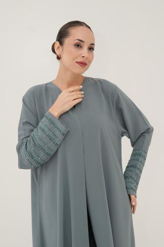 Sky blue crepe abaya with a design on the sleeves