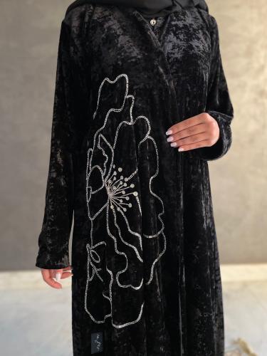 Black velvet abaya with embroidery in front