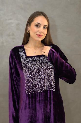 French velvet jalabiya purple with embroidery from the front