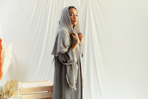Linen beige headscarf with frayed edges