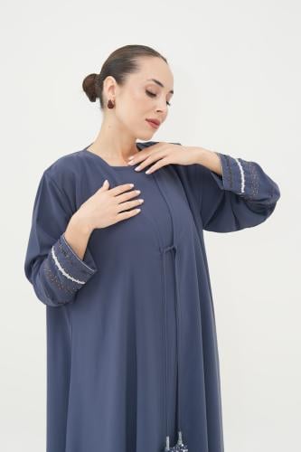 Dark sky blue crepe abaya over gray with an inner dress