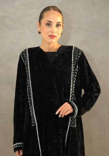 Black velvet abaya with embroidery on the front and sleeves