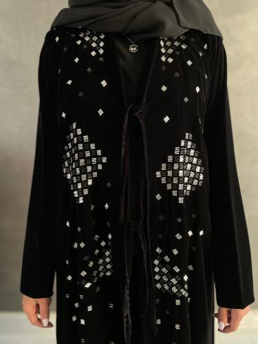 Black velvet abaya with embroidery and front tie