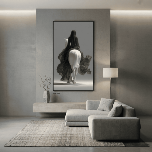 لوحة جدارية فاخرة لامرأة محجبة تركب حصان أبيض مع ط...