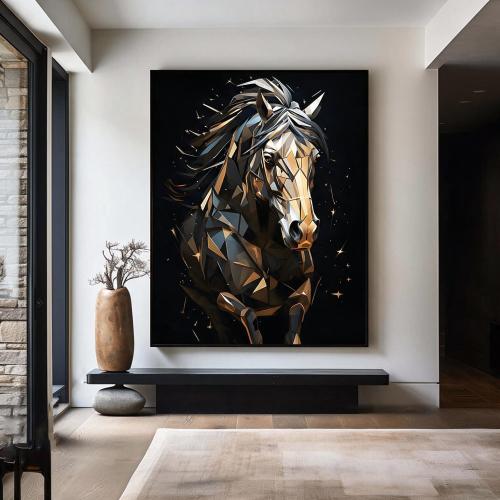 لوحة جدارية الخيل الهندسي: تصميم مودرن ثلاثي الأبعاد باللون الأسود والذهبي