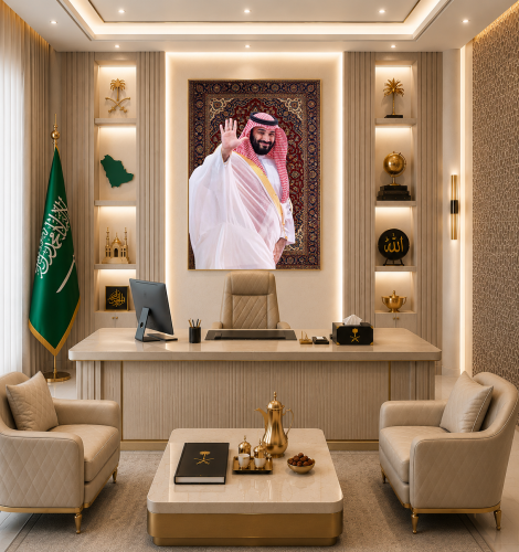 لوحة جدارية ملكية للأمير محمد بن سلمان بخلفية نقوش...