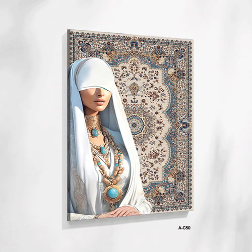 لوحة فنية لسيدة بزي أبيض ملكي مرصع بالأحجار الفيرو...