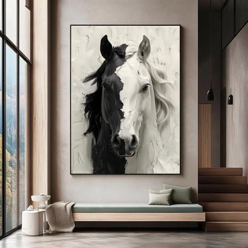 لوحة جدارية تباين الخيل: وجه الحصان المنقسم باللونين الأسود والأبيض المودرن