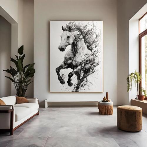 لوحة جدارية الحصان الأبيض: ركض الخيل بضربات الحبر الأسود المتناثر المودرن