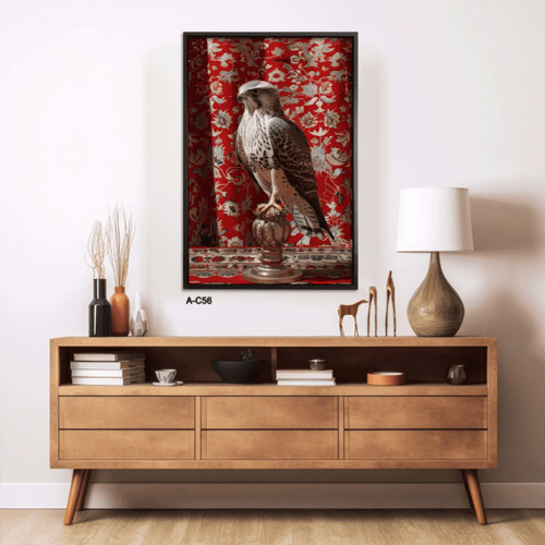 لوحة فنية تظهر صقراً ملكياً يقف بشموخ على قاعدة مع...