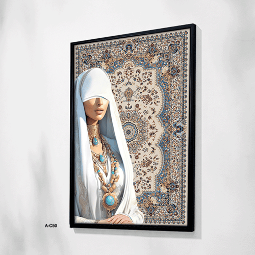 لوحة فنية لسيدة بزي أبيض ملكي مرصع بالأحجار الفيرو...