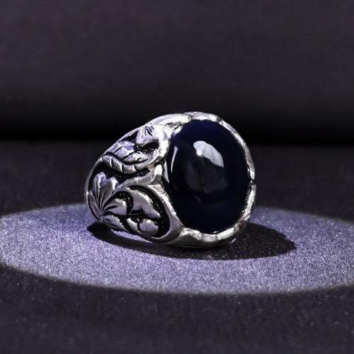 خاتم فضة رجالي عيار 950 متوج بحجر عقيق يماني ازرق...