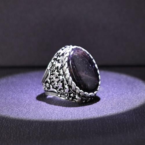 خاتم فضة رجالي عيار 925 متوج بحجر عقيق يماني جزع ط...