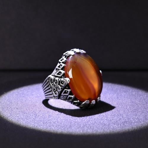 خاتم فضة رجالي عيار 925 متوج بحجر عقيق يماني طبيعي