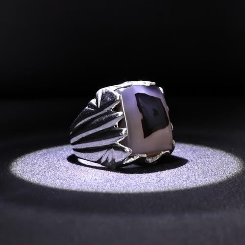 خاتم فضة رجالي عيار 980 متوج بحجر عقيق يماني زجاجي...