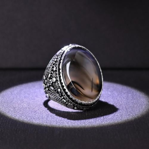 خاتم فضة رجالي عيار 925 متوج بحجر عقيق يماني طبيعي
