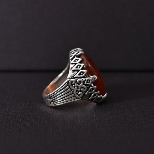 خاتم فضة رجالي عيار 925 متوج بحجر عقيق يماني طبيعي