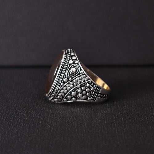 خاتم فضة رجالي عيار 925 متوج بحجر عقيق يماني طبيعي