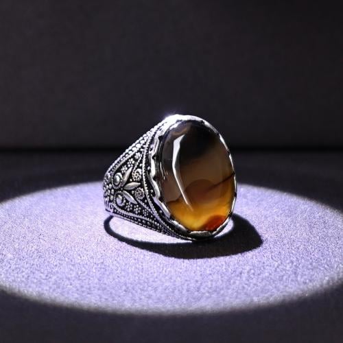 خاتم فضة رجالي عيار 925 متوج بحجر عقيق يماني طبيعي