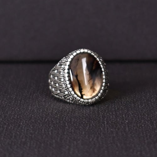 خاتم فضة رجالي عيار 925 متوج بحجر عقيق يماني طبيعي