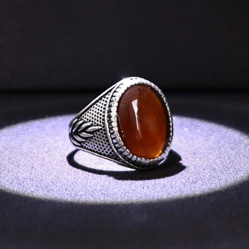 خاتم فضة رجالي عيار 925 متوج بحجر عقيق يماني رماني...