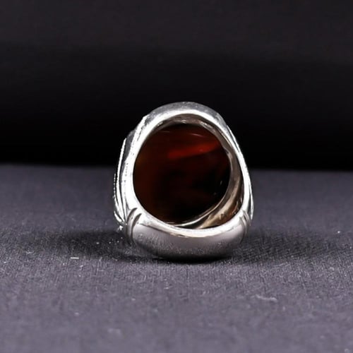 خاتم فضة رجالي عيار 925 متوج بحجر عقيق يماني طبيعي