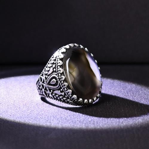 خاتم فضة رجالي عيار 925 متوج بحجر عقيق يماني طبيعي