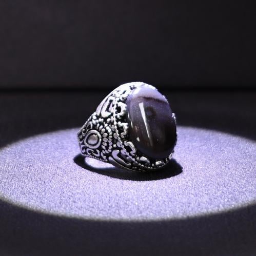 خاتم فضة رجالي عيار 925 متوج بحجر عقيق يماني طبيعي