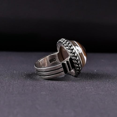 خاتم فضة رجالي عيار 925 متوج بحجر عقيق سليماني طبي...