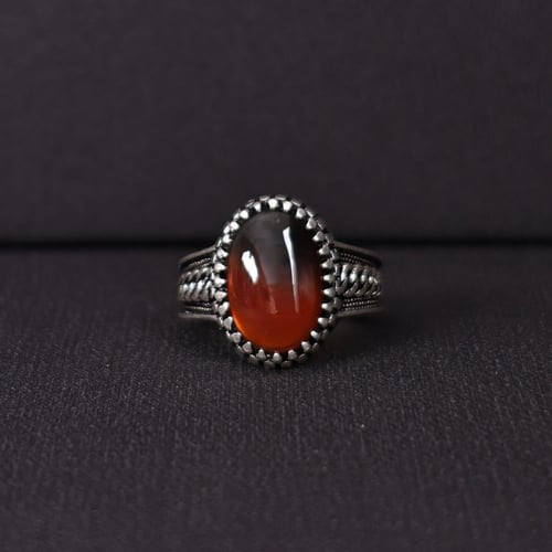 خاتم فضة رجالي عيار 925 متوج بحجر عقيق يماني طبيعي