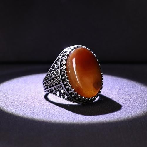 خاتم فضة رجالي عيار 925 متوج بحجر عقيق يماني طبيعي