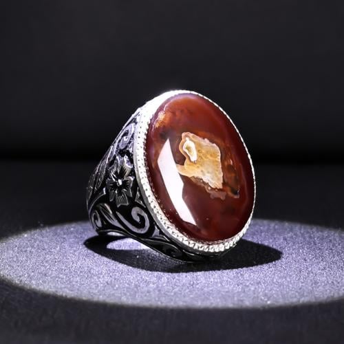 خاتم فضة رجالي عيار 925 متوج بحجر عقيق يماني طبيعي