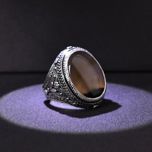 خاتم فضة رجالي عيار 925 متوج بحجر عقيق يماني طبيعي