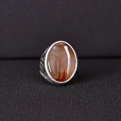 خاتم فضة رجالي عيار 925 متوج بحجر عقيق يماني طبيعي