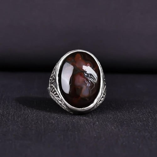 خاتم فضة رجالي عيار 925 متوج بحجر عقيق يماني طبيعي