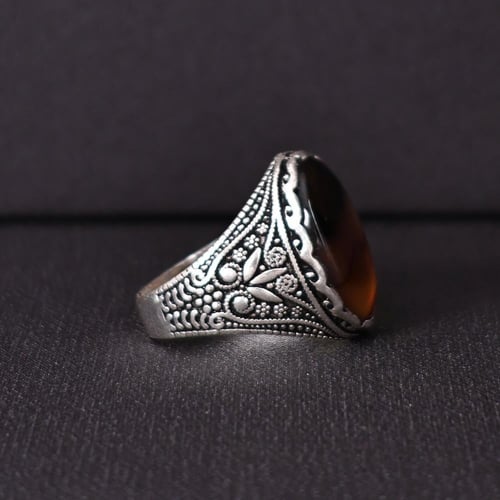 خاتم فضة رجالي عيار 925 متوج بحجر عقيق يماني طبيعي