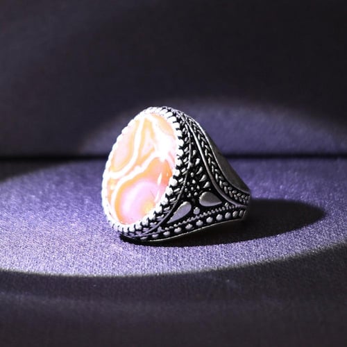 خاتم فضة رجالي عيار 925 متوج بحجر عقيق يماني طبيعي