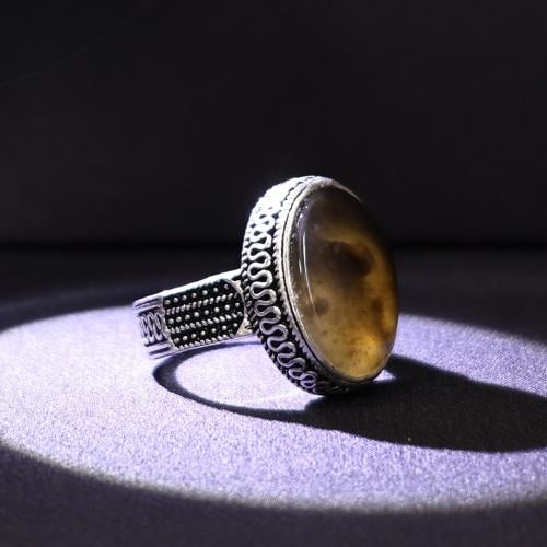 خاتم فضة رجالي عيار 925 متوج بحجر عقيق يماني طبيعي