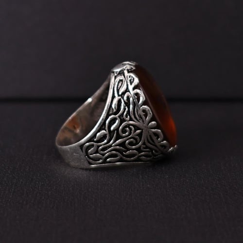 خاتم فضة رجالي عيار 925 متوج بحجر عقيق يماني طبيعي