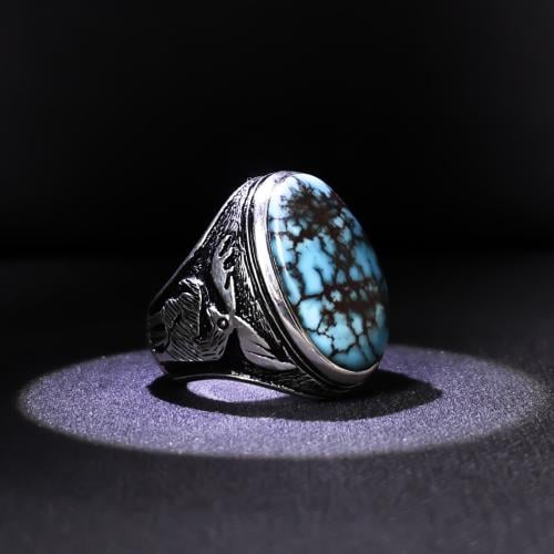 خاتم فضة رجالي عيار 950 متوج بحجر فيرز نيشابوري طب...