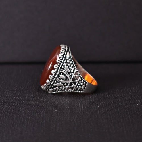 خاتم فضة رجالي عيار 925 متوج بحجر عقيق يماني طبيعي