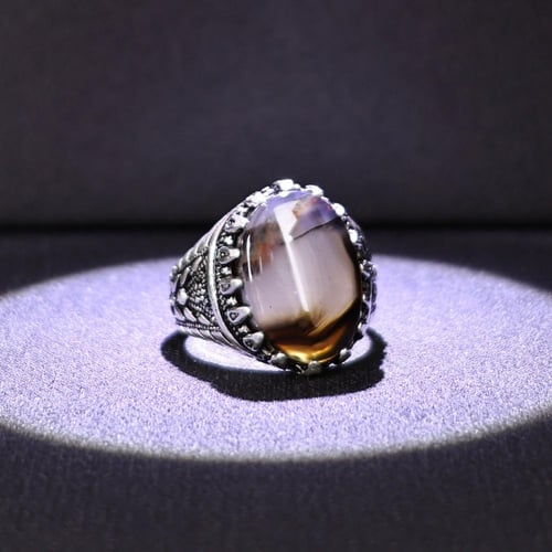 خاتم فضة رجالي عيار 925 متوج بحجر عقيق يماني طبيعي