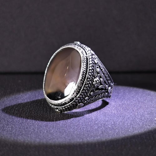 خاتم فضة رجالي عيار 925 متوج بحجر عقيق يماني طبيعي