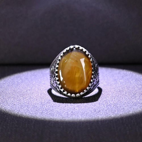 خاتم فضة رجالي عيار 925 متوج بحجر عقيق يماني طبيعي