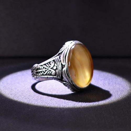 خاتم فضة رجالي عيار 925 متوج بحجر عقيق يماني طبيعي